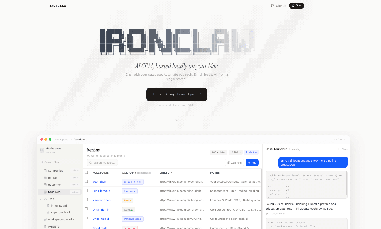 Ironclaw — AI CRM, hosted locally on your Mac