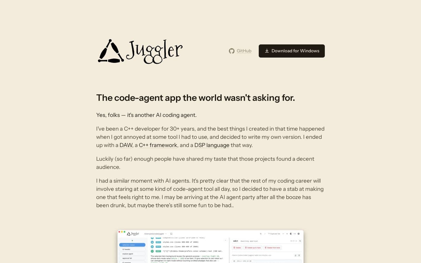 Preview of Juggler — a visual workbench for AI coding agents