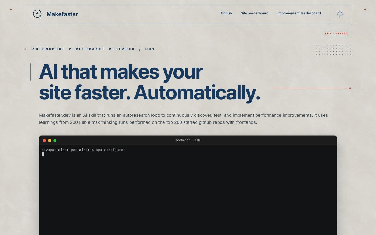 Preview of Makefaster — AI that makes your site faster. Automatically.
