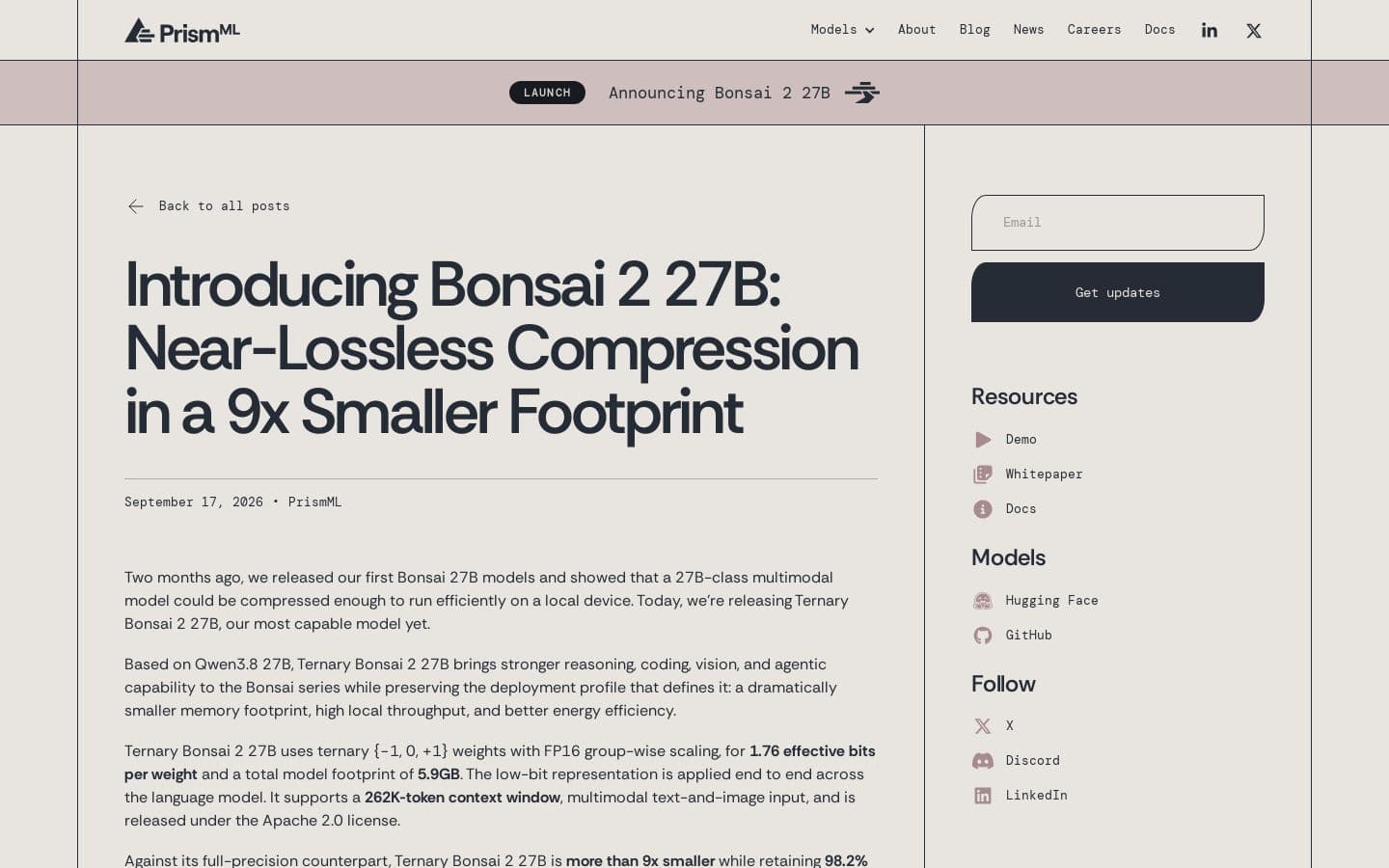 Preview of PrismML — Introducing Bonsai 2 27B: Near-Lossless Compression in a 9x Smaller Footprint