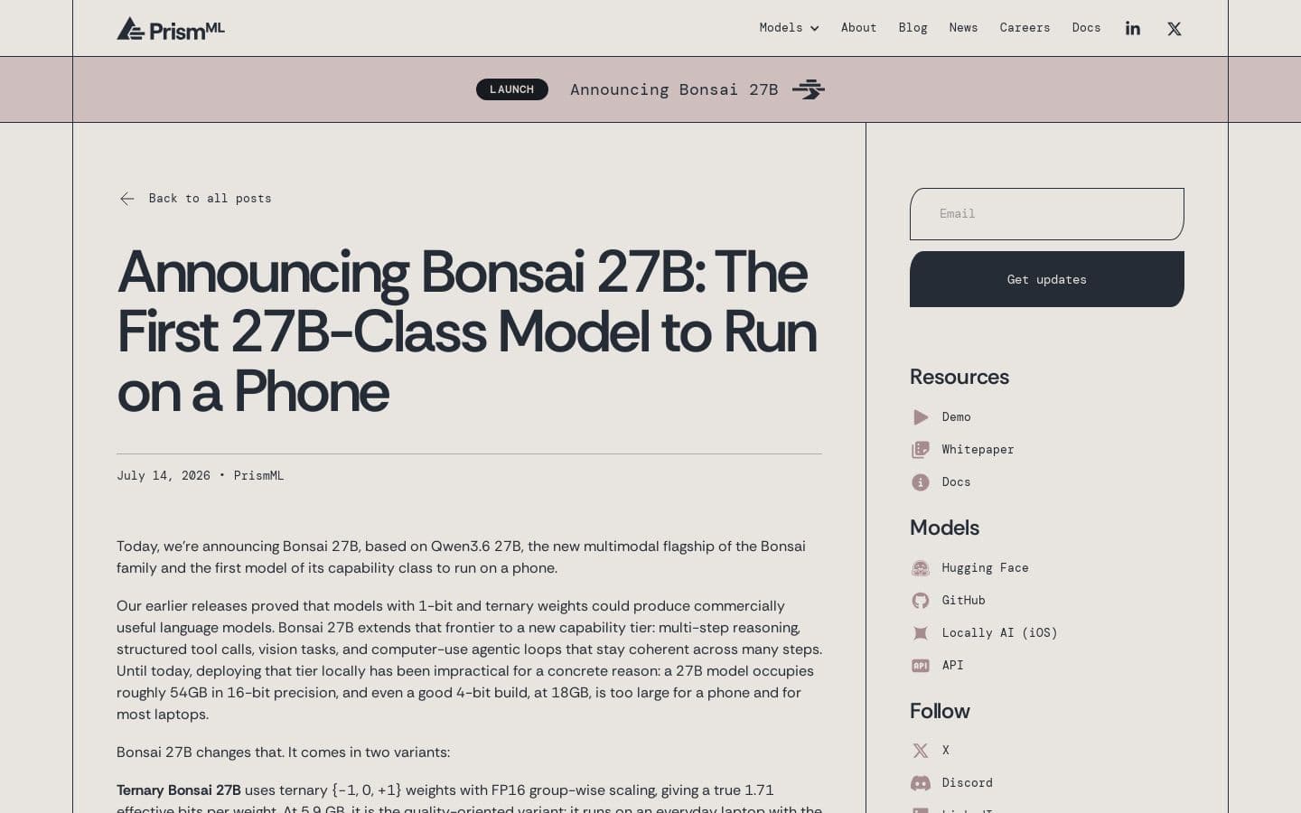 Preview of PrismML — Announcing Bonsai 27B: The First 27B-Class Model to Run on a Phone