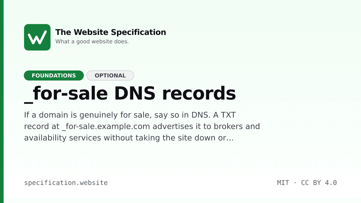 Preview of _for-sale DNS records · Website Spec