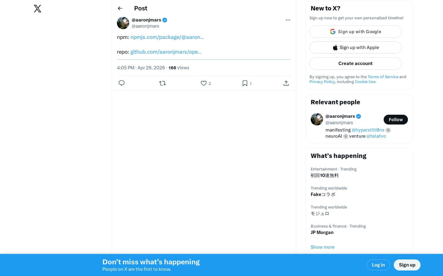 Preview of @aaronjmars on X: ”@OpenRouter npm: https://t.co/5P9qmATenv repo: https://t.co/Ek8B77hlaK” / X