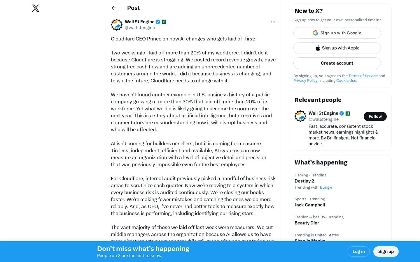 X: “Cloudflare CEO Prince on how AI changes who gets laid off first: Two weeks ago I laid off more than 20% of my workforce. I didn’t do it because Cloudflare is struggling. We posted record revenue growth, have strong free cash flow and are adding an unprecedented number of https://t.co/PH7Qa0m7Cu” / X