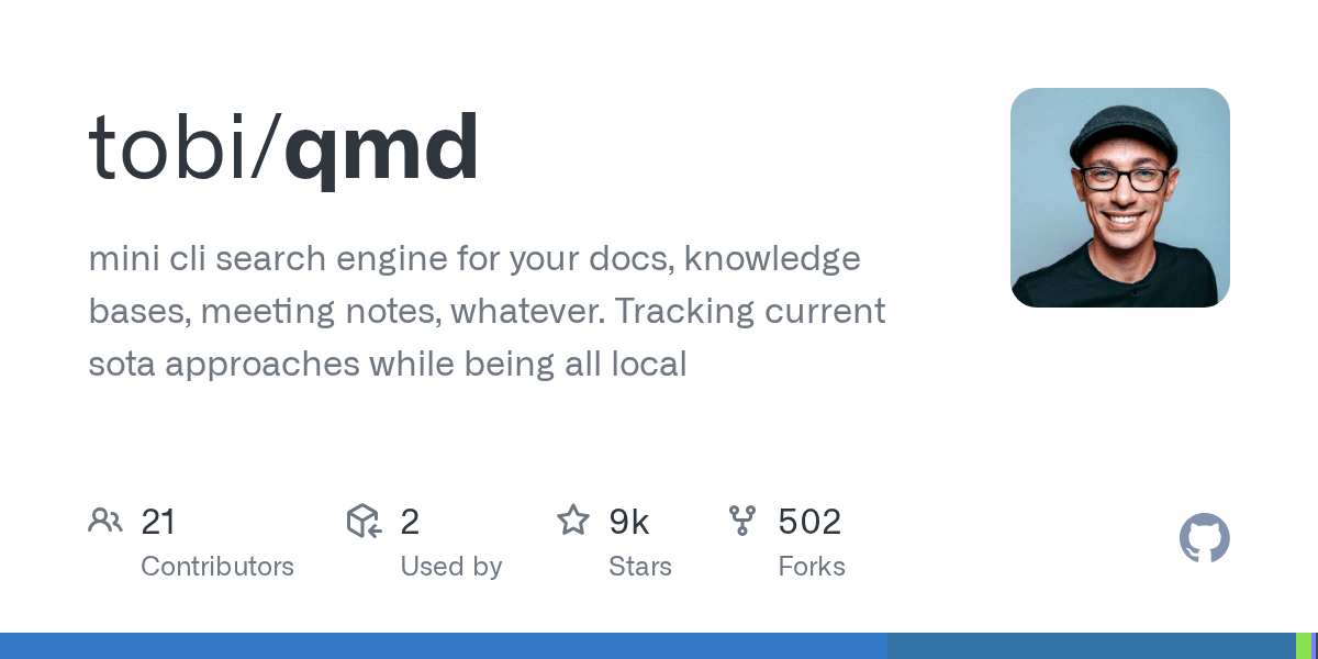 tobi/qmd: mini cli search engine for your docs, knowledge bases, meeting notes, whatever. Tracking current sota approaches while being all local
