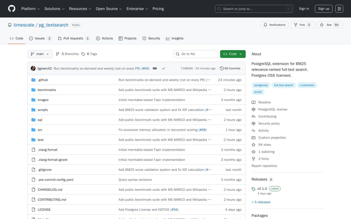 timescale/pg_textsearch: PostgreSQL extension for BM25 relevance-ranked full-text search