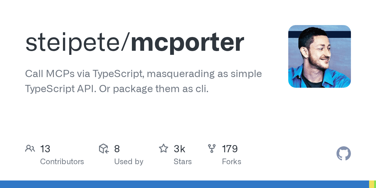 Preview of GitHub - steipete/mcporter: Call MCPs via TypeScript, masquerading as simple TypeScript API. Or package them as cli.
