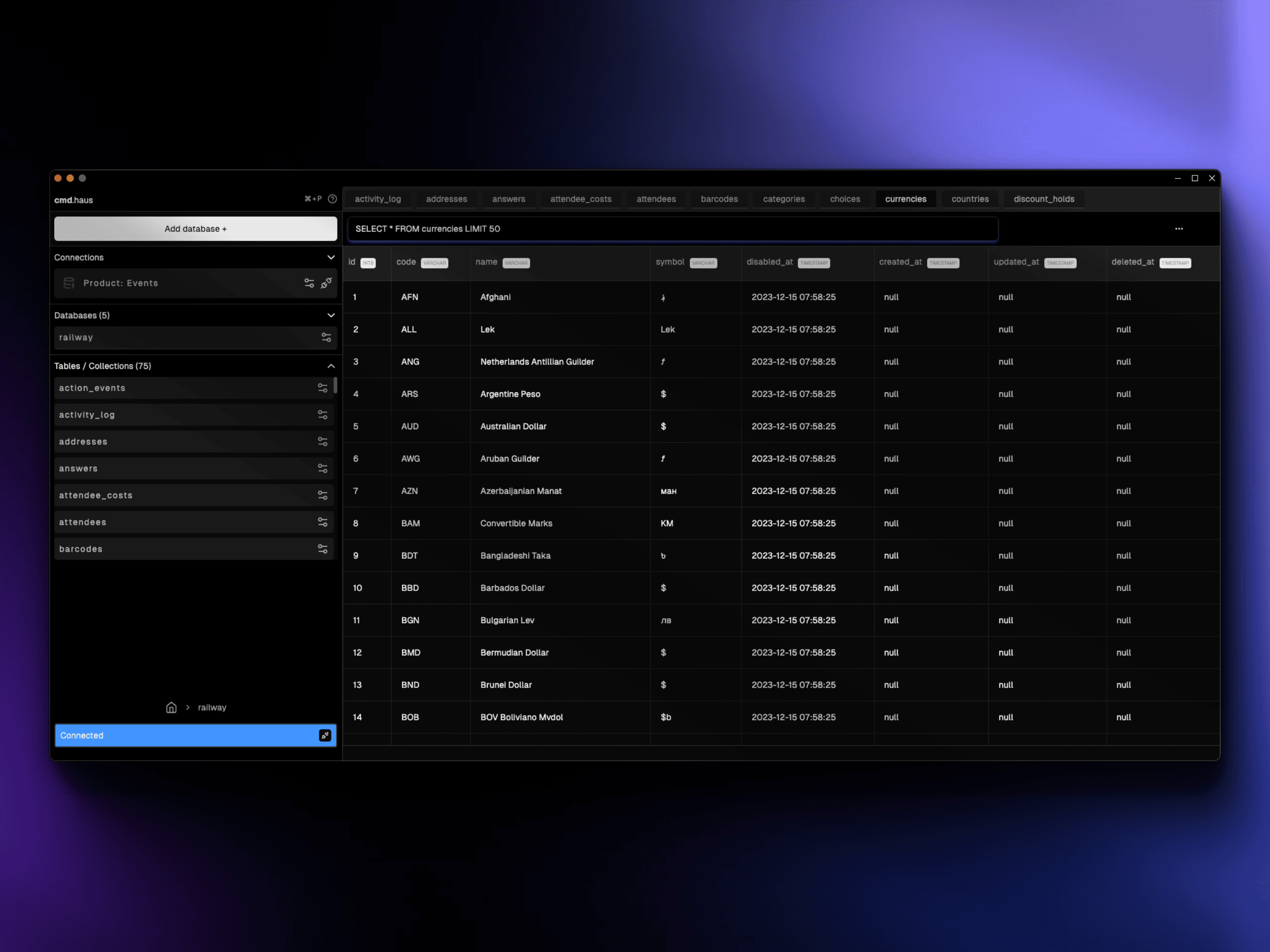 Cmd.haus AI Postgres and MySQL database client