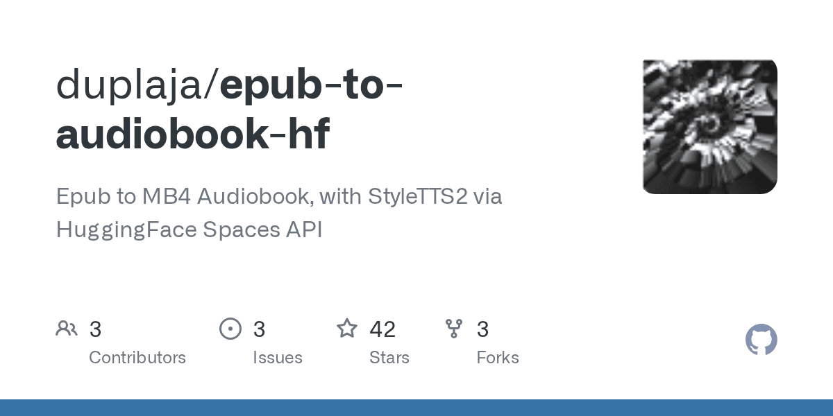 Preview of duplaja/epub-to-audiobook-hf: Epub to MB4 Audiobook, with StyleTTS2 via HuggingFace Spaces API