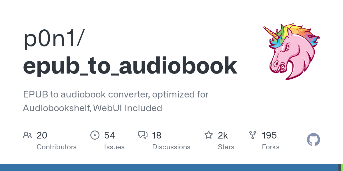 p0n1/epub_to_audiobook: EPUB to audiobook converter, optimized for Audiobookshelf, WebUI included