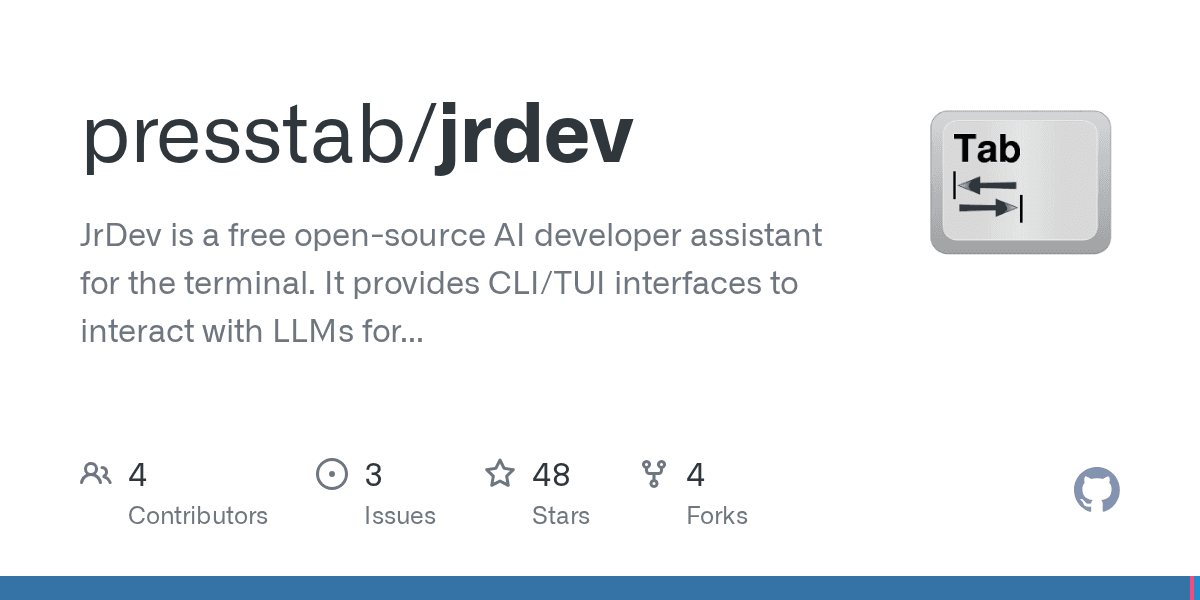 GitHub - presstab/jrdev: JrDev is a free open-source AI developer assistant for the terminal. It provides CLI/TUI interfaces to interact with LLMs for code generation, project context management, and Git operations.