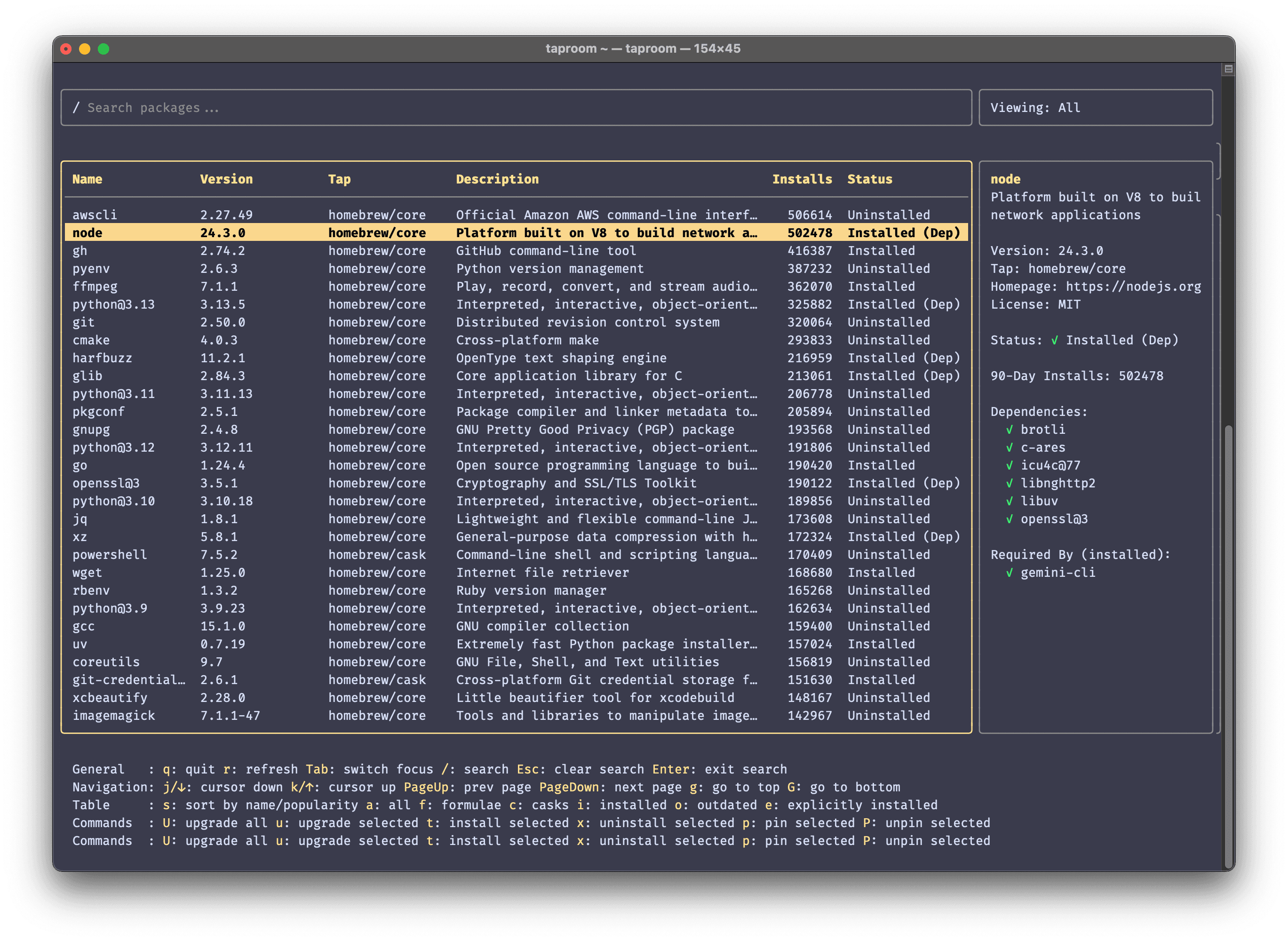 taproom - An interactive TUI for Homebrew.
