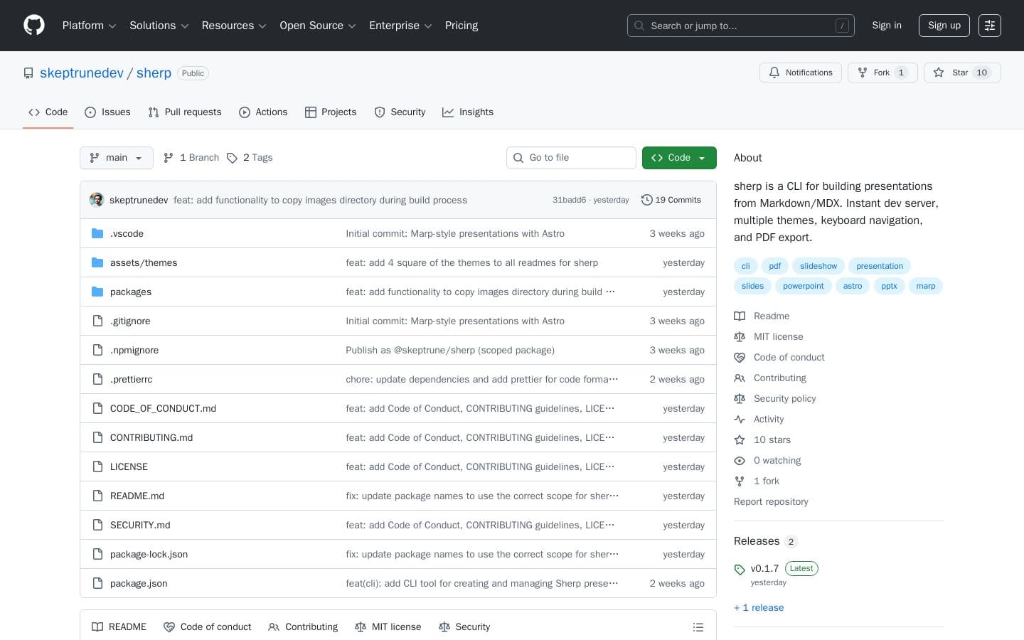 GitHub - skeptrunedev/sherp: sherp is a CLI for building presentations from Markdown/MDX. Instant dev server, multiple themes, keyboard navigation, and PDF export.
