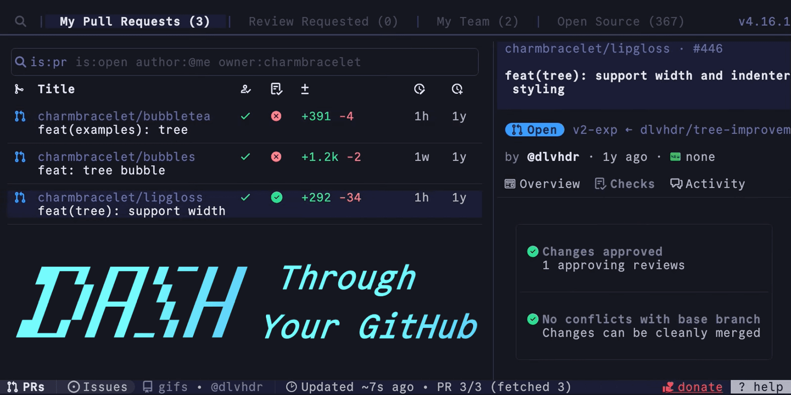 Preview of GitHub - dlvhdr/gh-dash: A rich terminal UI for GitHub that doesn’t break your flow.