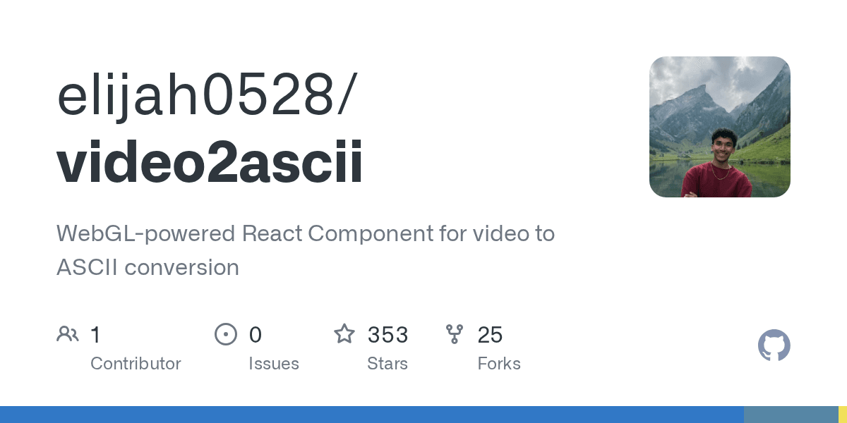 Preview of GitHub - elijah0528/video2ascii: WebGL-powered React Component for video to ASCII conversion