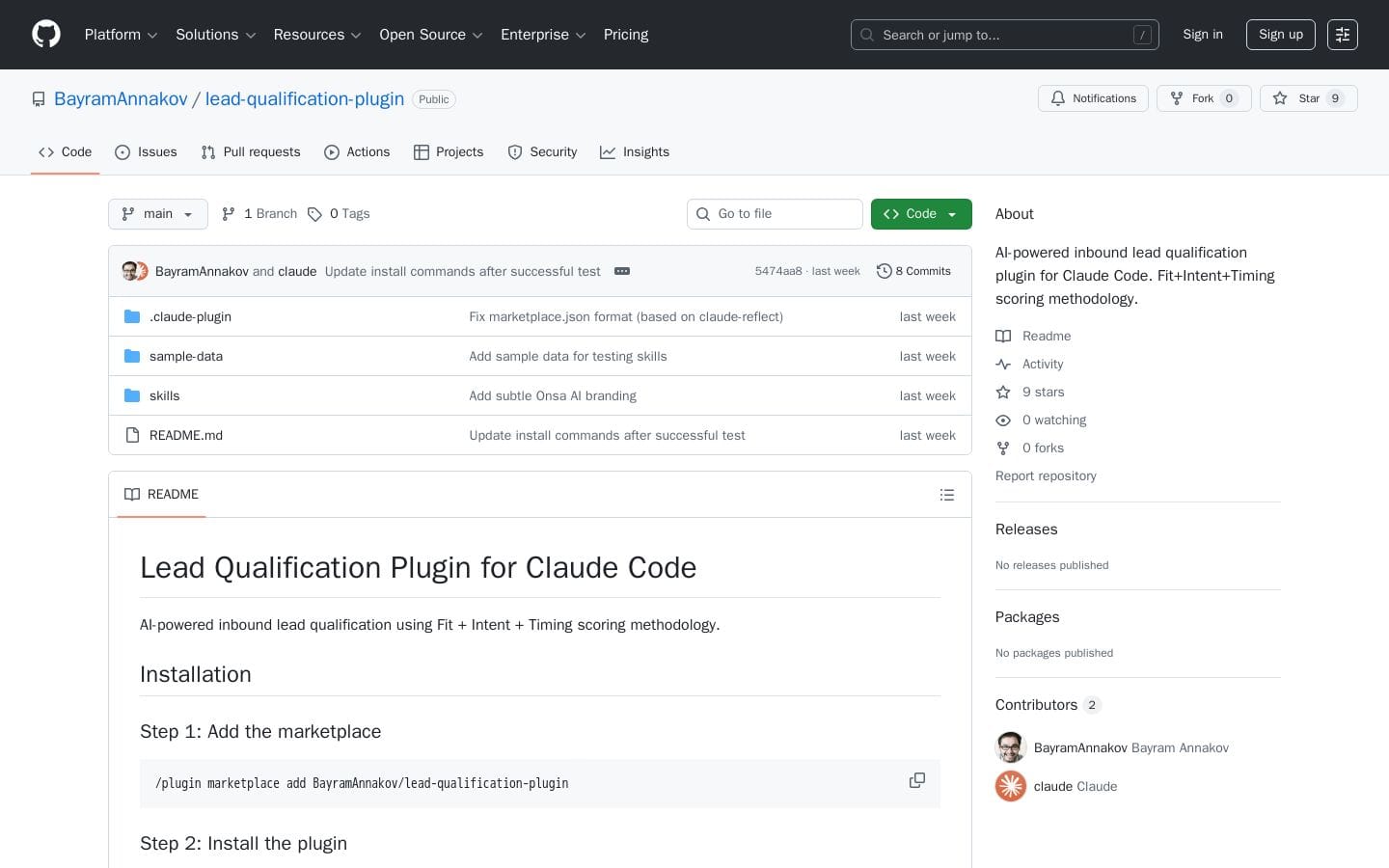 GitHub - BayramAnnakov/lead-qualification-plugin: AI-powered inbound lead qualification plugin for Claude Code. Fit+Intent+Timing scoring methodology.