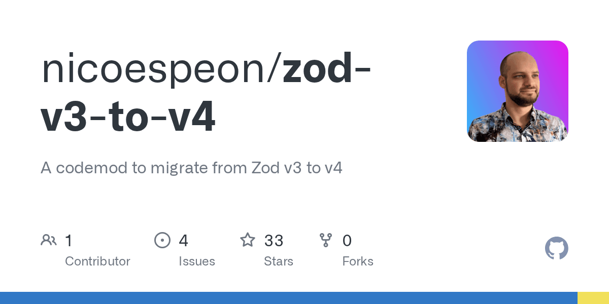 Preview of GitHub - nicoespeon/zod-v3-to-v4: A codemod to migrate from Zod v3 to v4