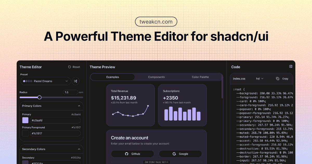 Beautiful themes for shadcn/ui — tweakcn | Theme Editor & Generator