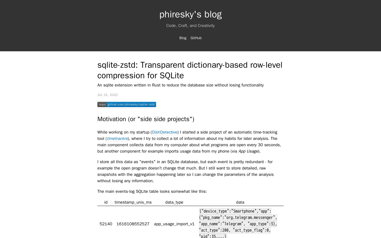 sqlite-zstd: Transparent dictionary-based row-level compression for SQLite - An sqlite extension written in Rust to reduce the database size without losing functionality