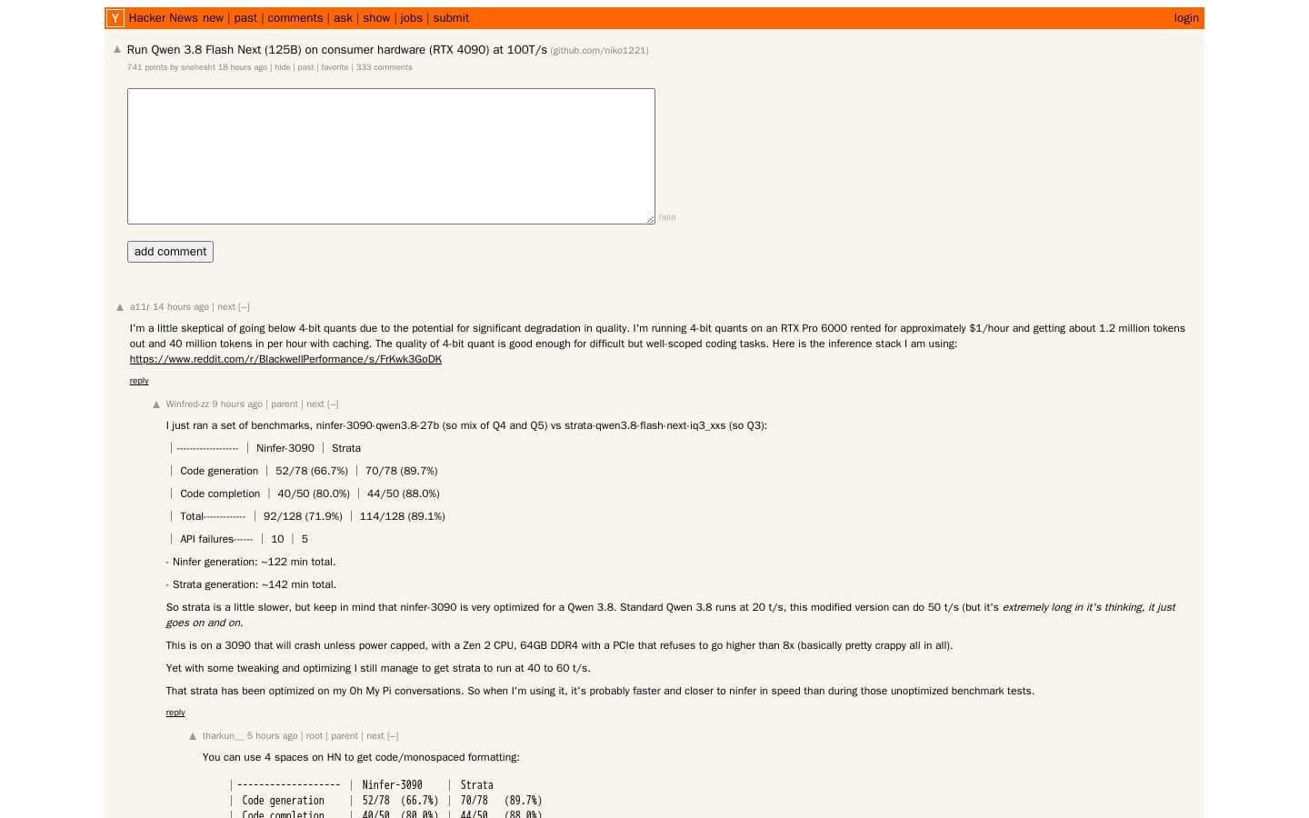 Preview of Run Qwen 3.8 Flash Next (125B) on consumer hardware (RTX 4090) at 100T/s | Hacker News
