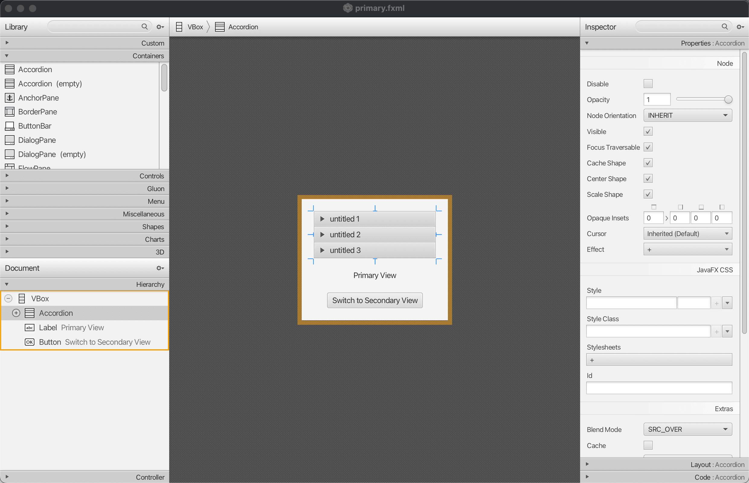 Scene Builder application showing a JavaFX view with Library, Hierarchy, and Inspector panes