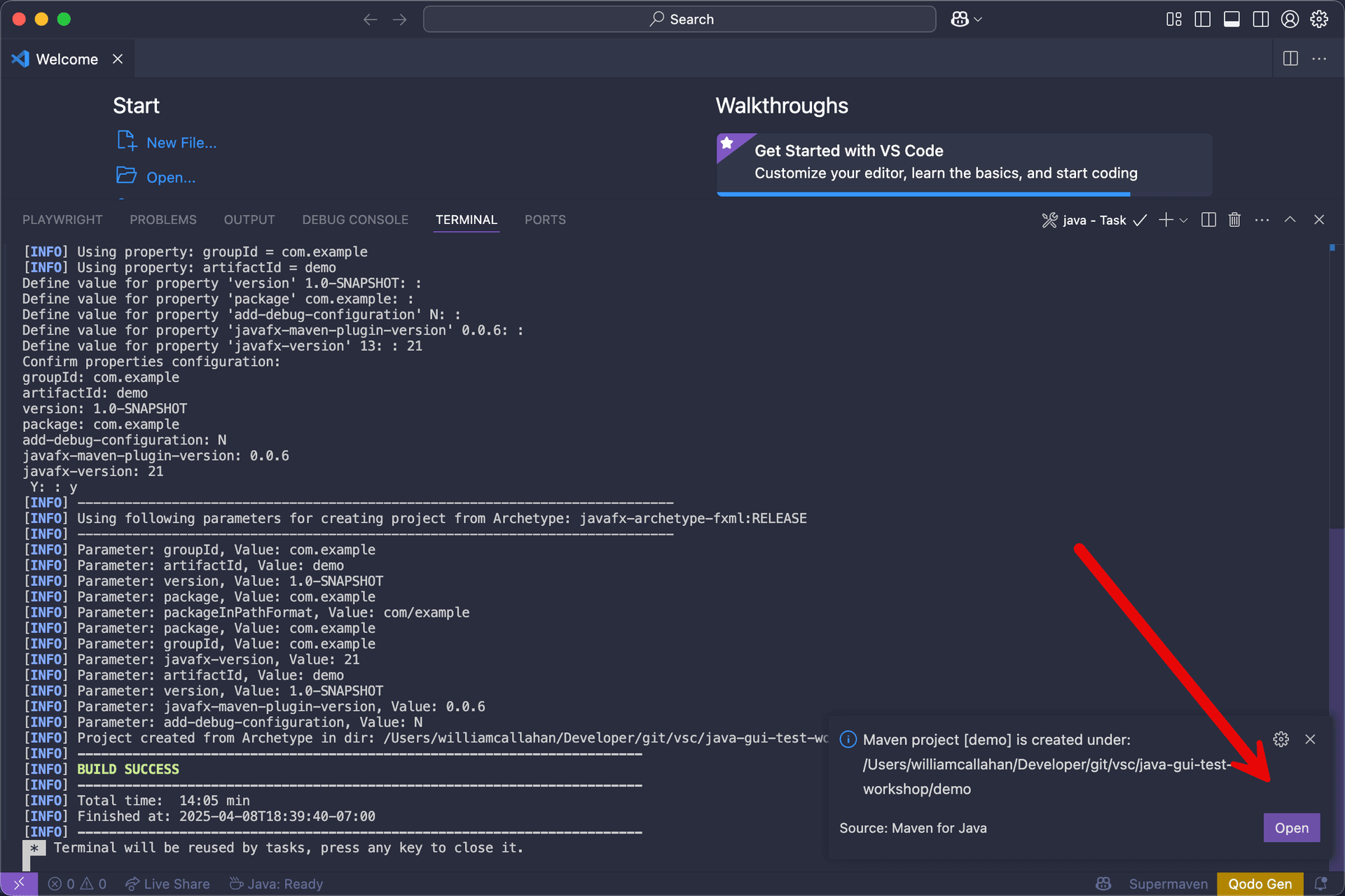 VS Code notification showing successful project creation with an Open button