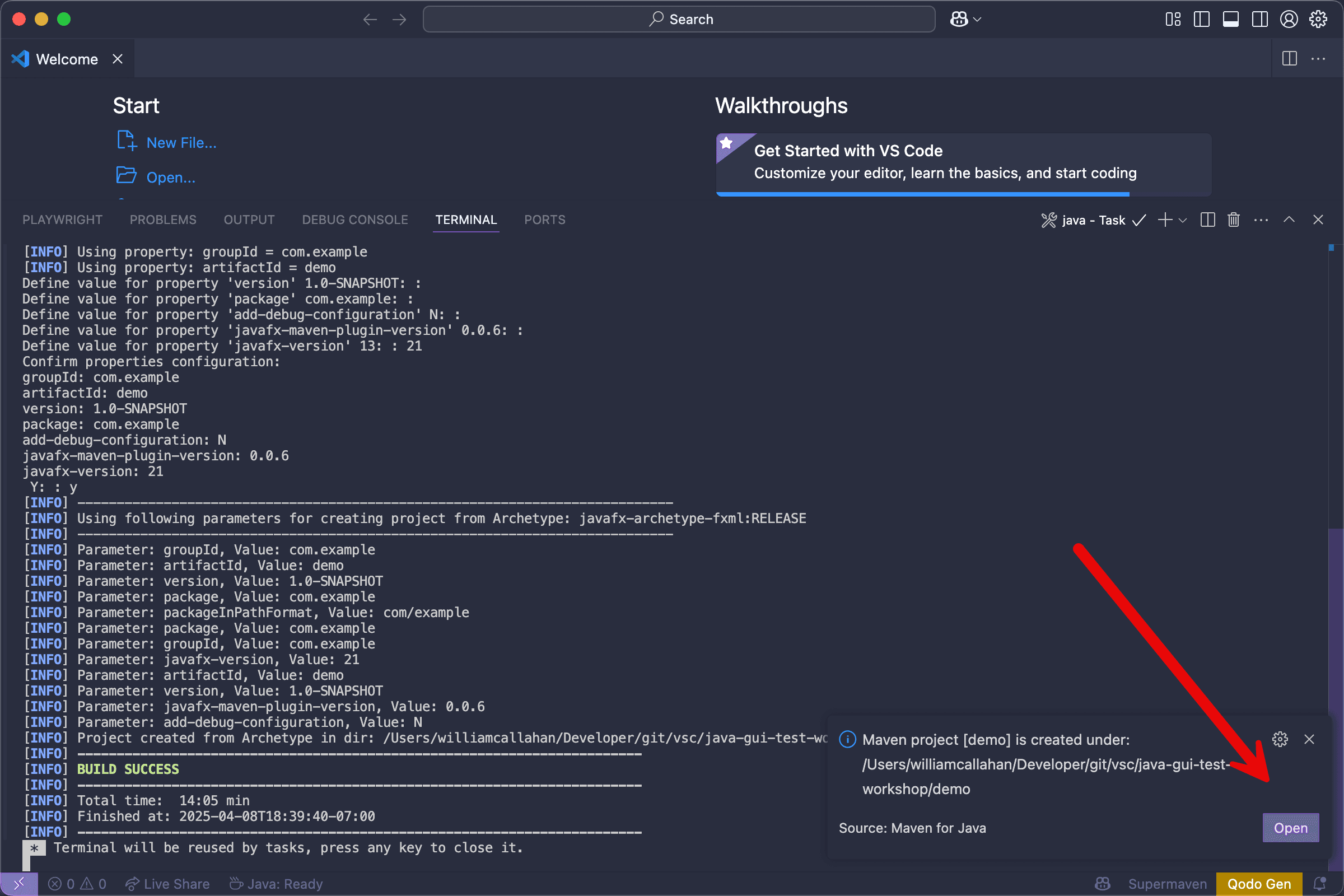 VS Code notification showing successful project creation with an Open button
