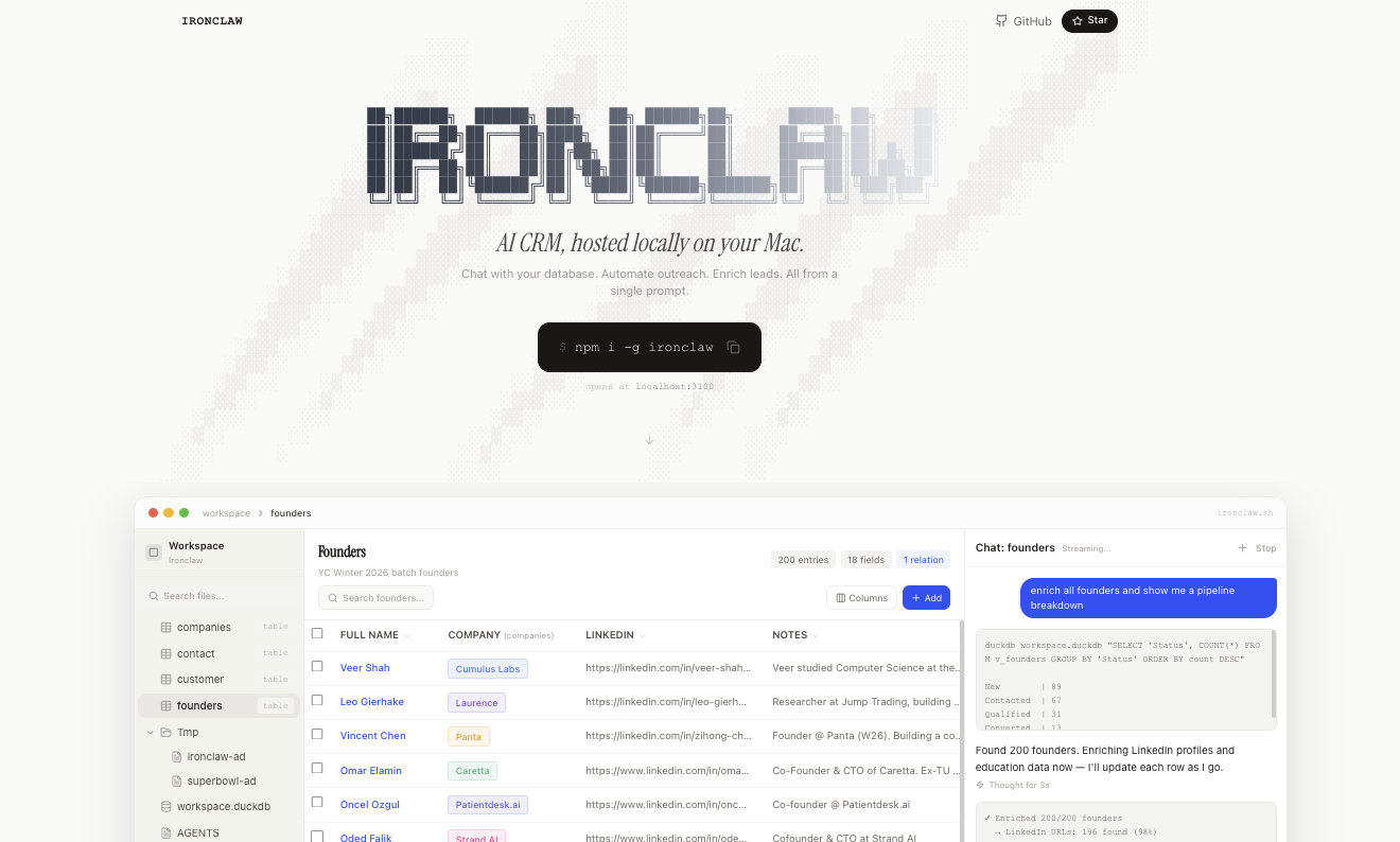 Ironclaw — AI CRM, hosted locally on your Mac