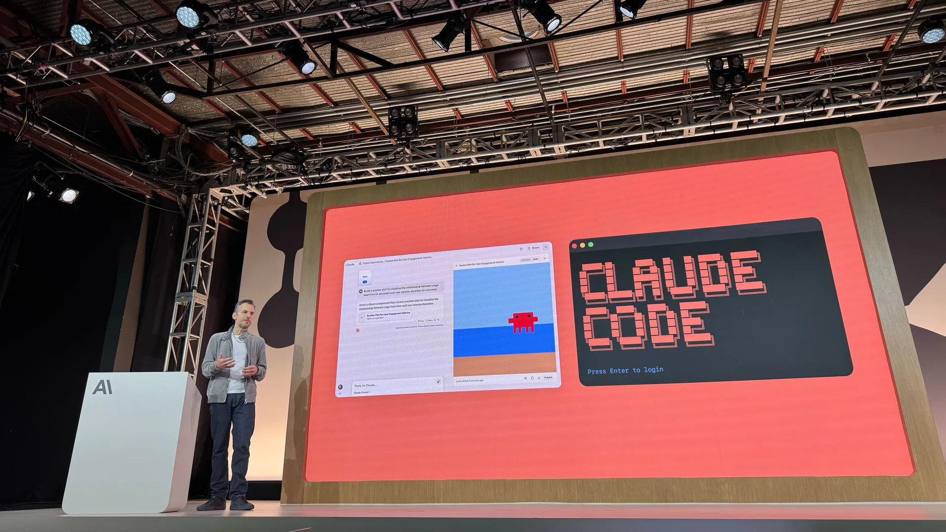 Claude Code being presented on stage at a conference