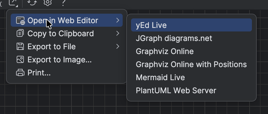 IntelliJ UML diagram export menu showing Open in Web Editor targets such as yEd Live, diagrams.net, Graphviz, Mermaid Live, and PlantUML Web Server