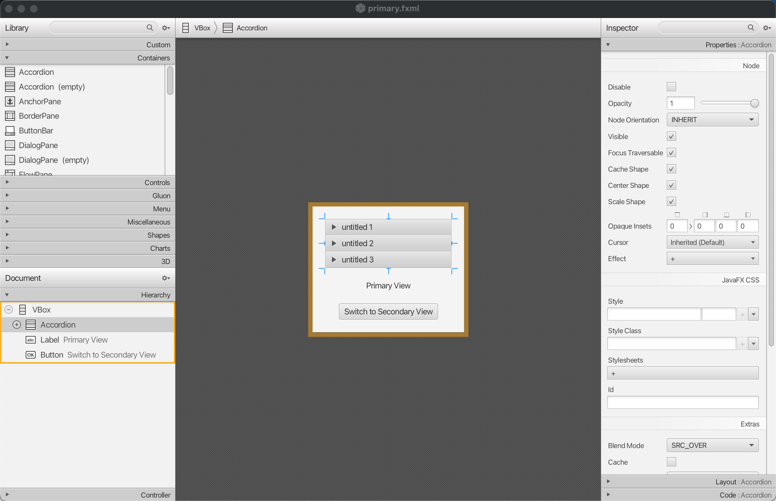Scene Builder application showing a JavaFX view with Library, Hierarchy, and Inspector panes