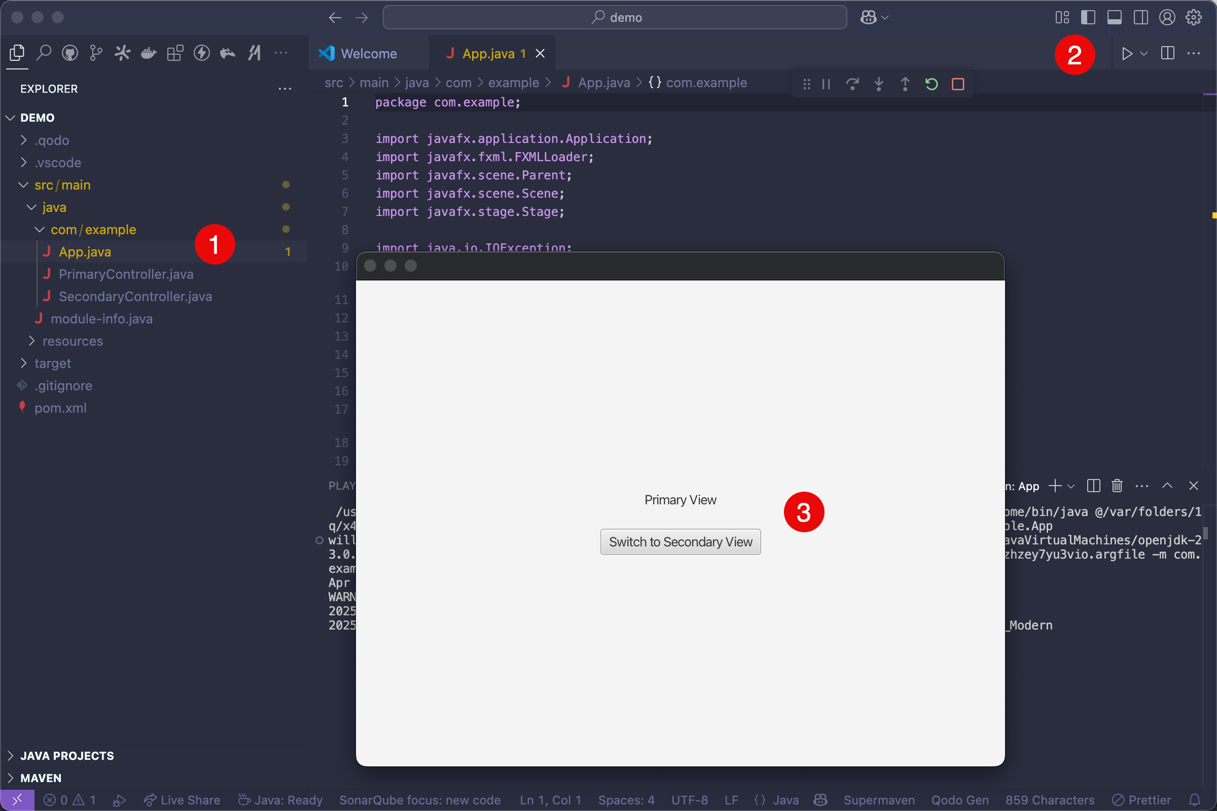 VS Code showing the run button for App.java and the resulting JavaFX window